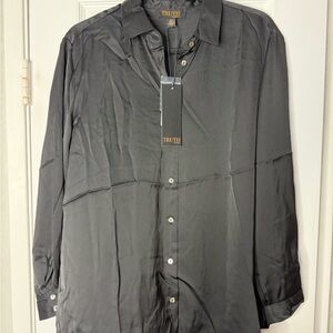 NWT TRUTH Black Satin Button-Up Blouse